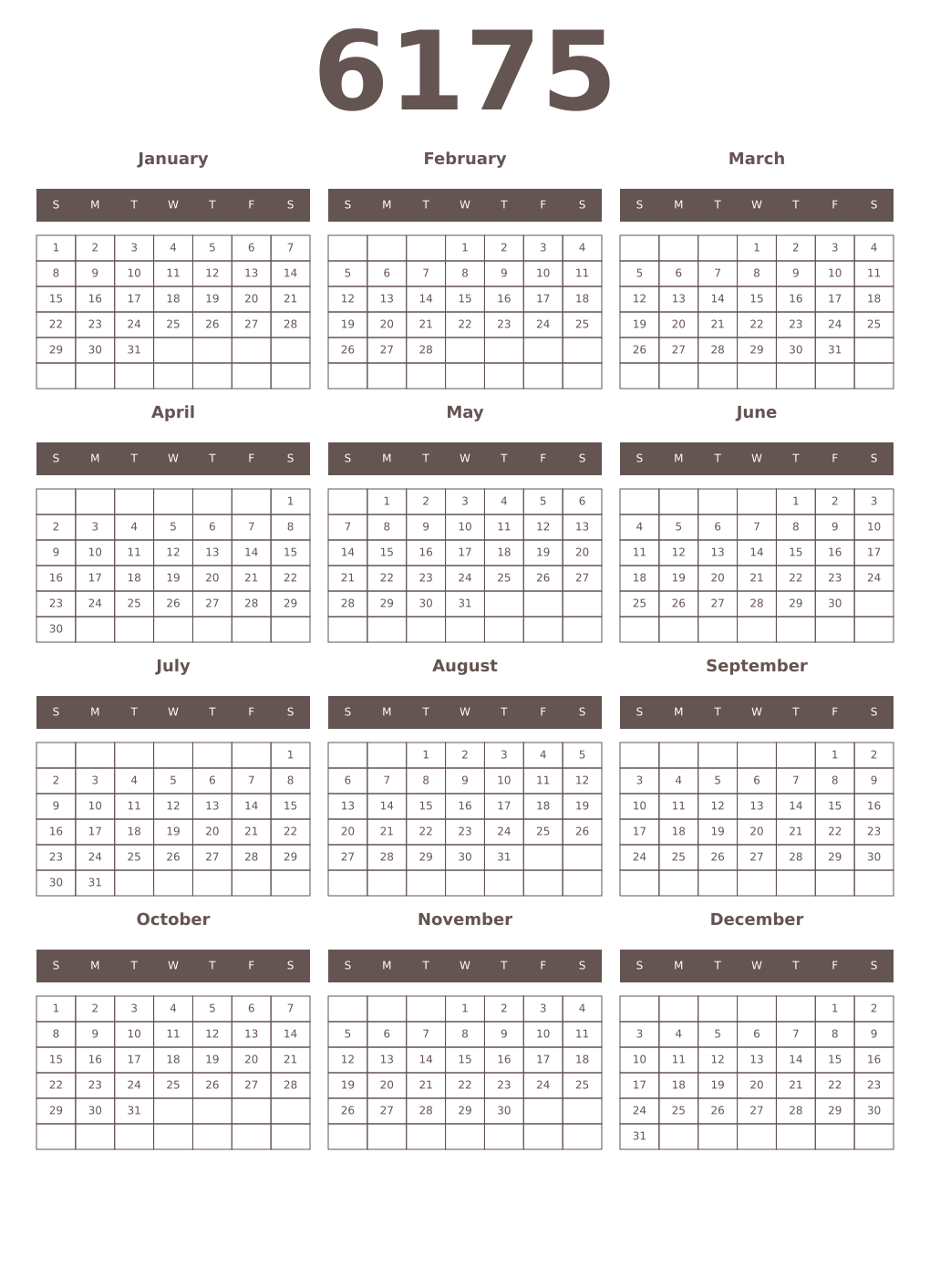 Printable 6175 Year Calendars wenge