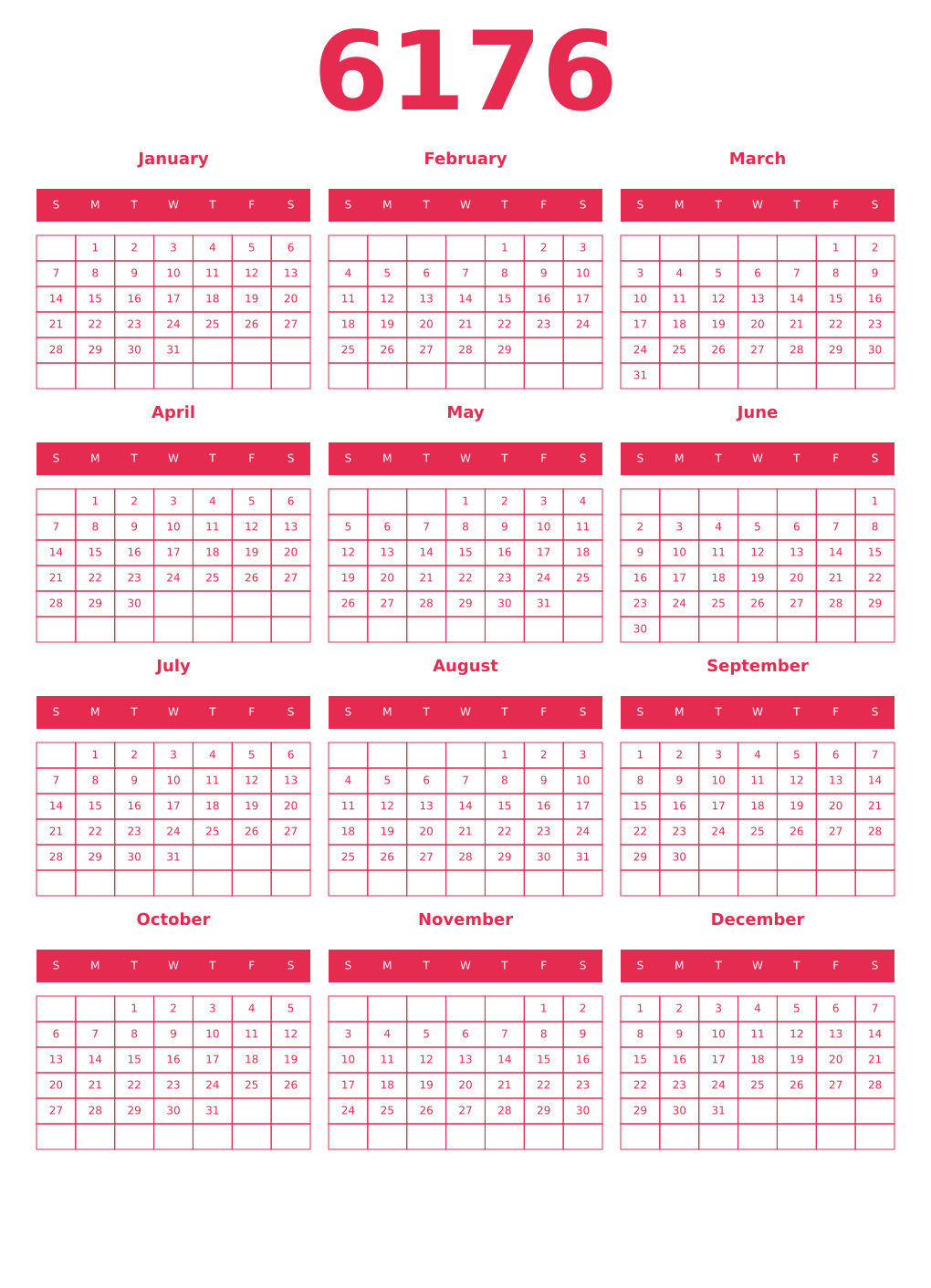Printable 6176 Year Calendars amaranth