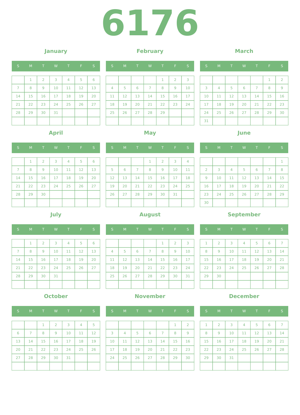 Printable 6176 Year Calendars celadon