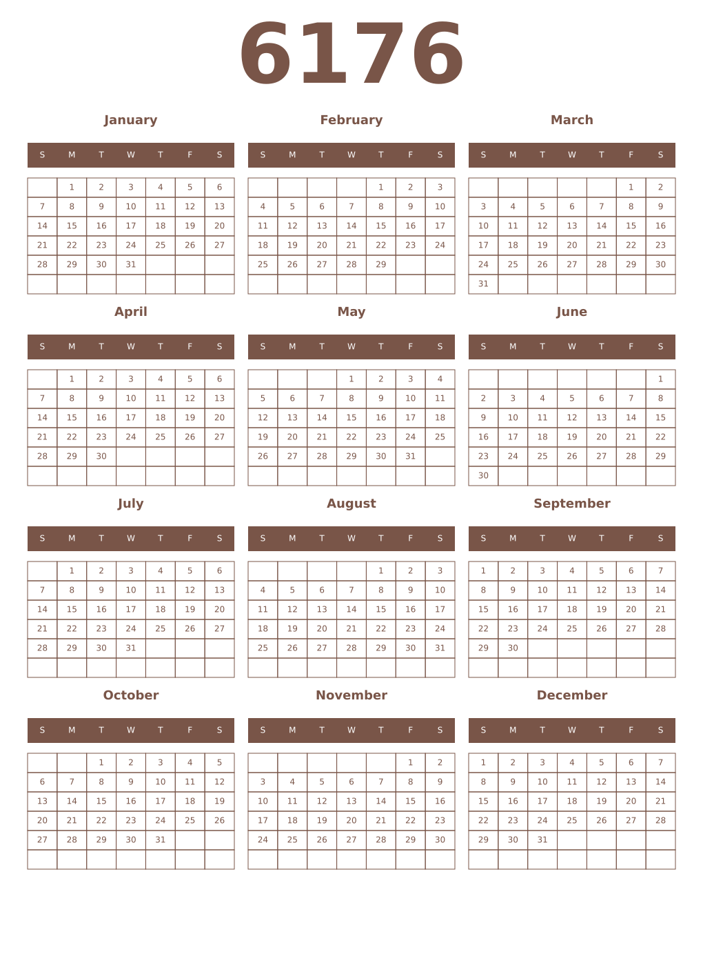 Printable 6176 Year Calendars coffe