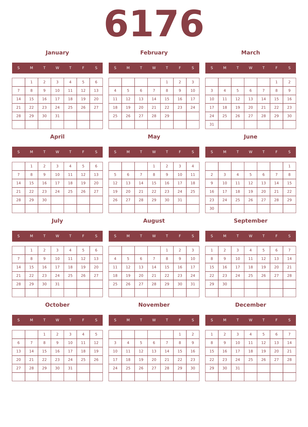 Printable 6176 Year Calendars cordovan