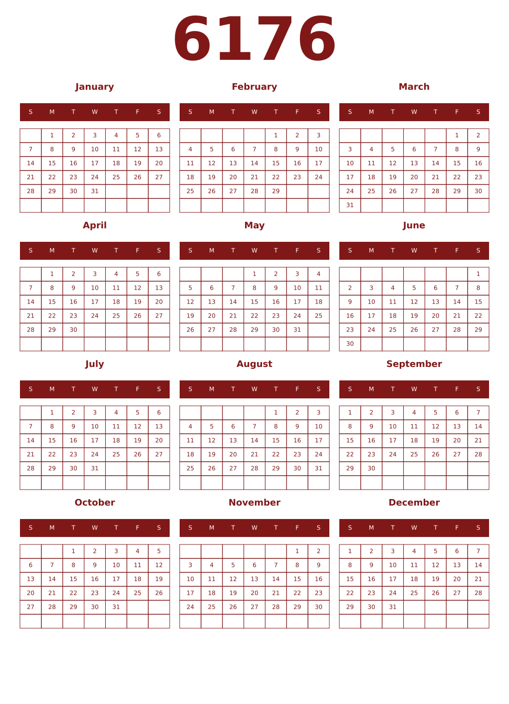 Printable 6176 Year Calendars falu