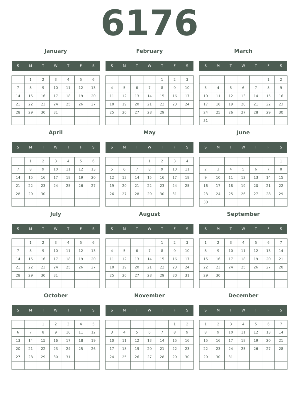 Printable 6176 Year Calendars feldgrau