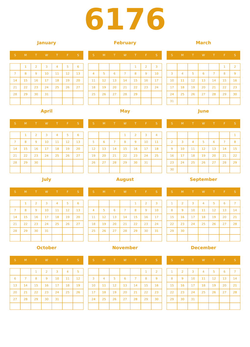Printable 6176 Year Calendars gamboge