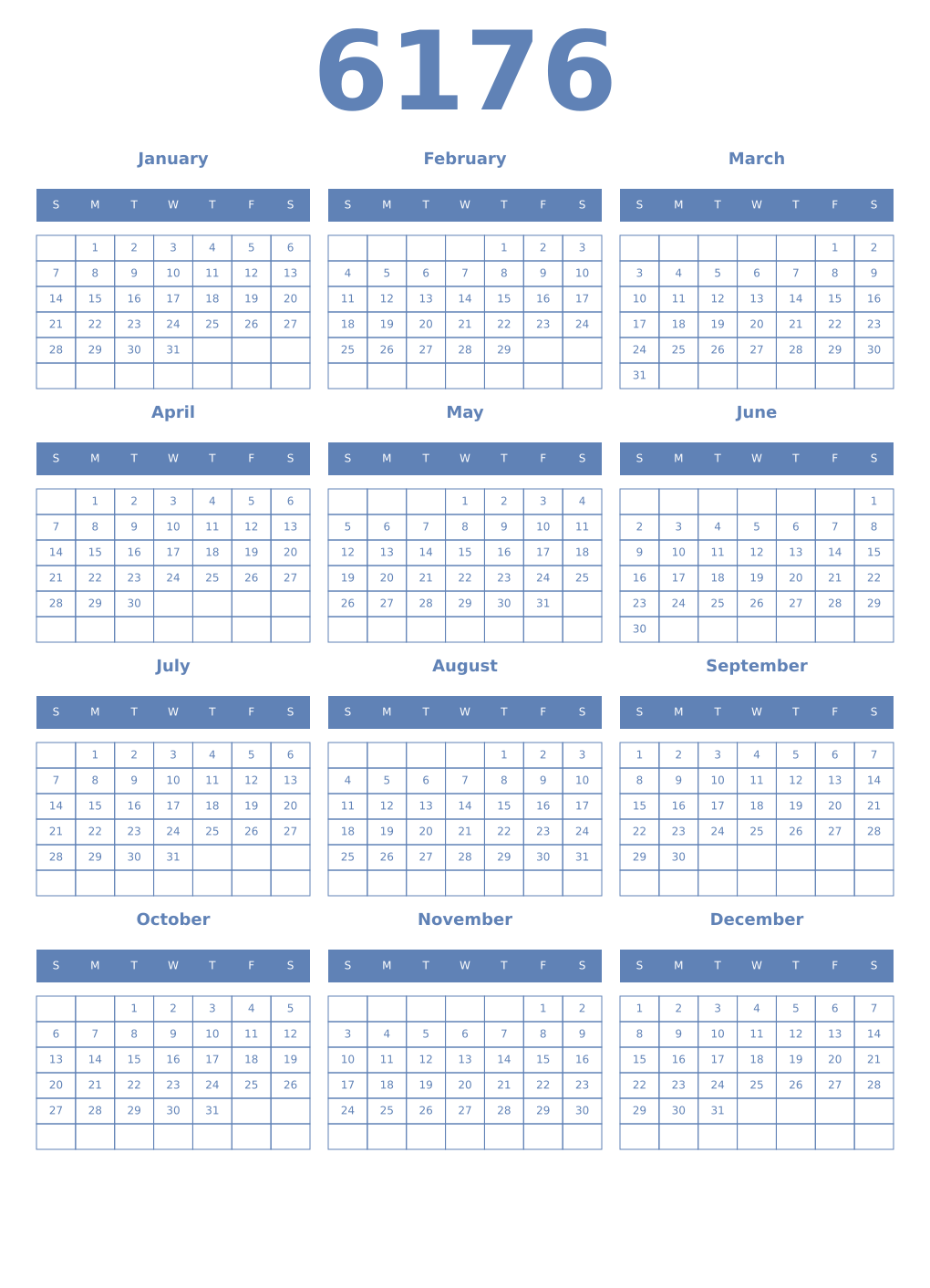 Printable 6176 Year Calendars glaucous