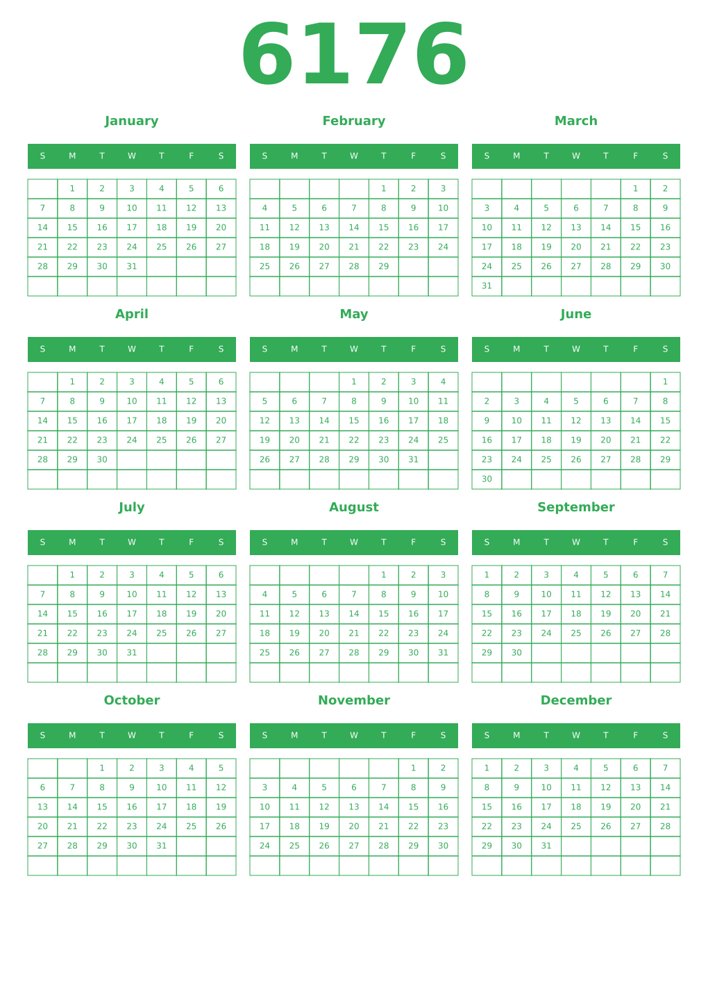 Printable 6176 Year Calendars green