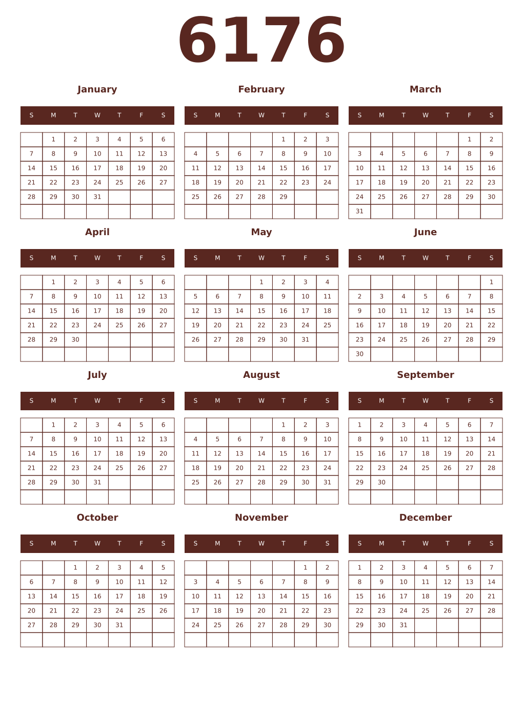 Printable 6176 Year Calendars mortuum