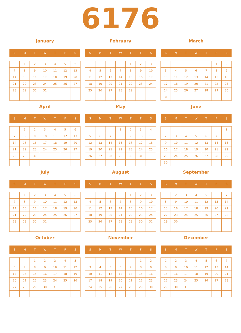 Printable 6176 Year Calendars orange