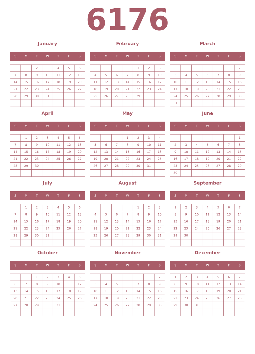 Printable 6176 Year Calendars puce
