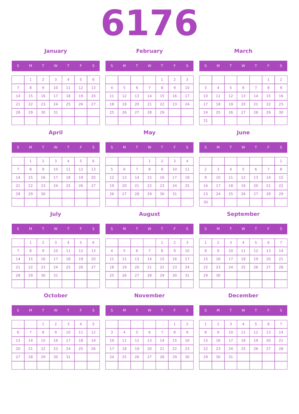 Printable 6176 Year Calendars purple