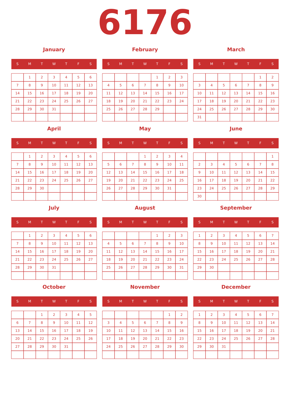 Printable 6176 Year Calendars red