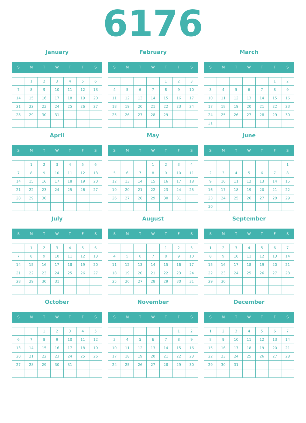 Printable 6176 Year Calendars verdigris