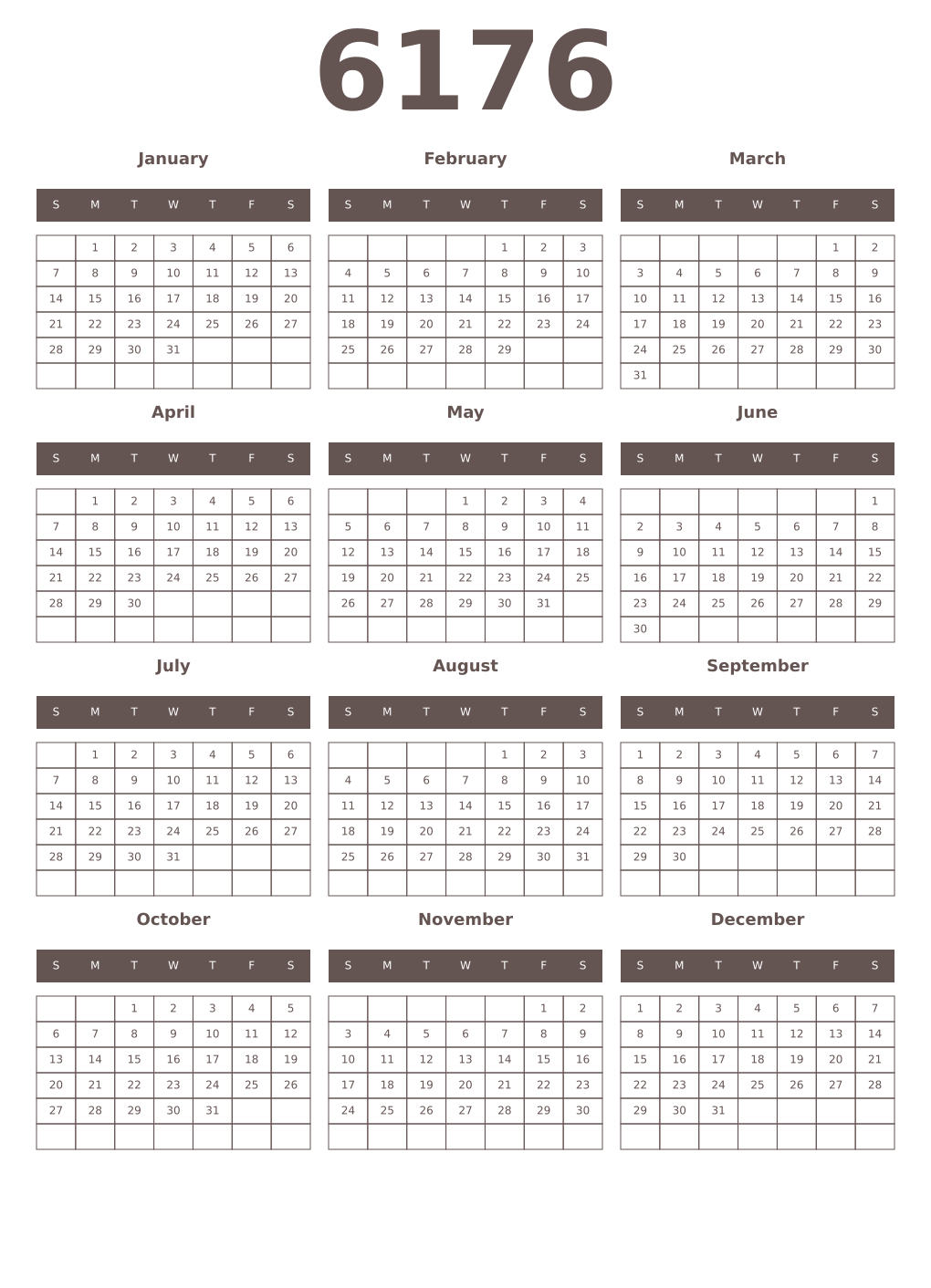 Printable 6176 Year Calendars wenge