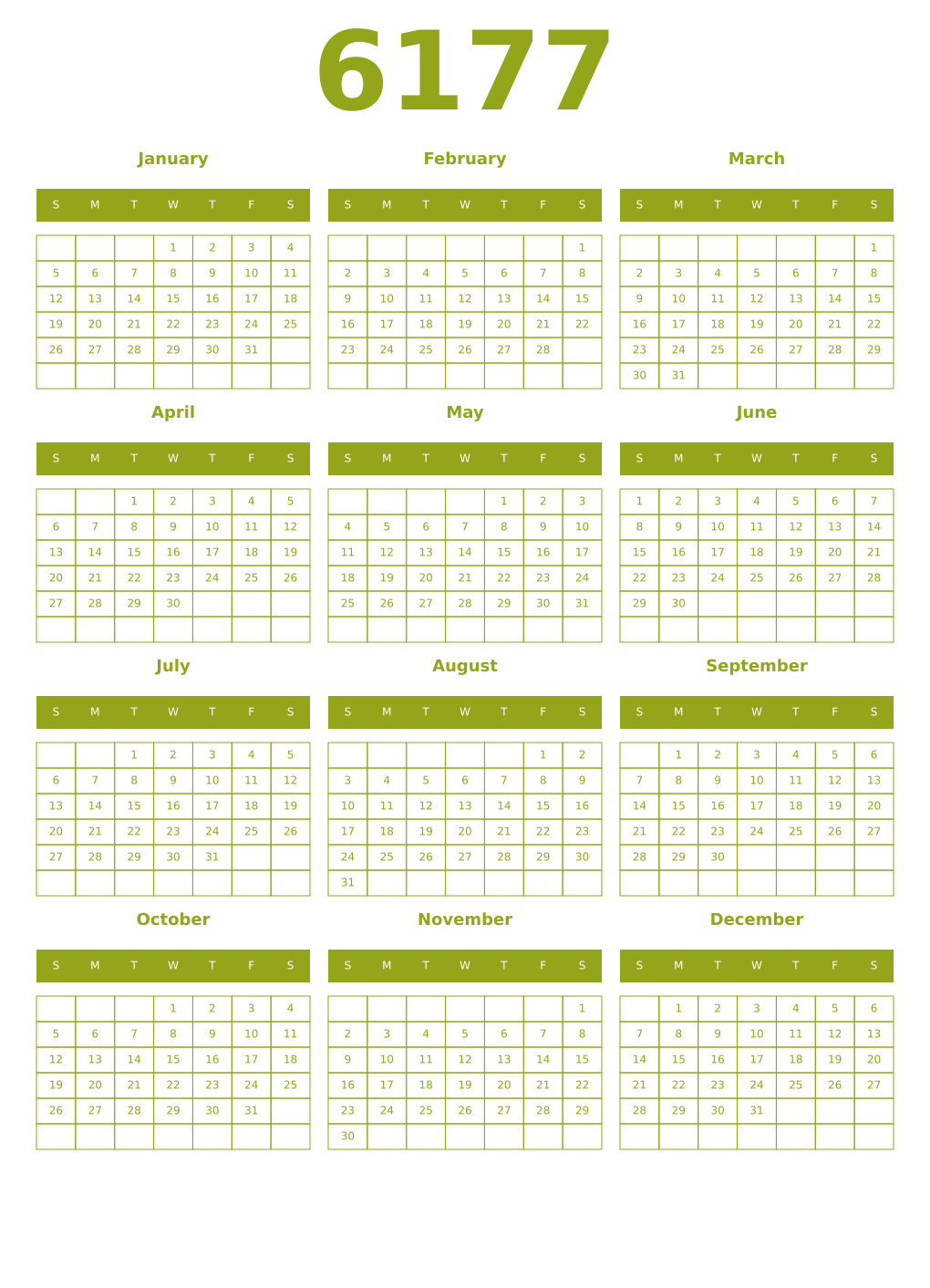 Printable 6177 Year Calendars chartreuse