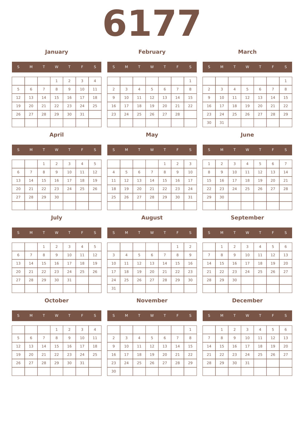 Printable 6177 Year Calendars coffe