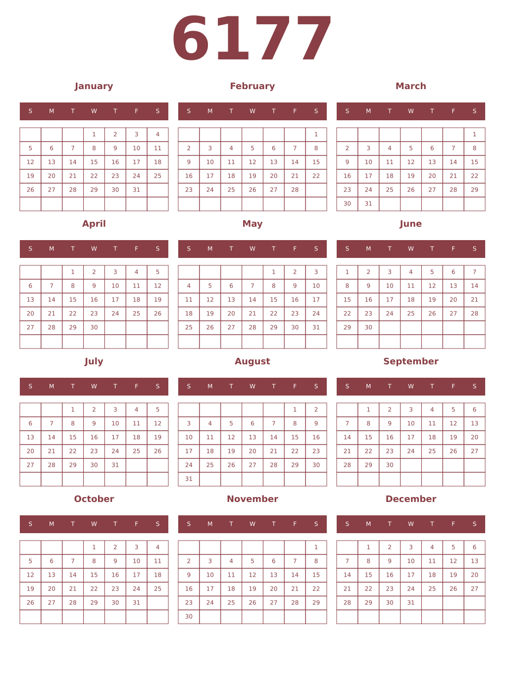 Printable 6177 Year Calendars cordovan