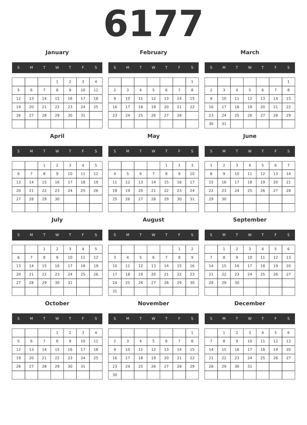 Printable 6177 Year Calendars dark