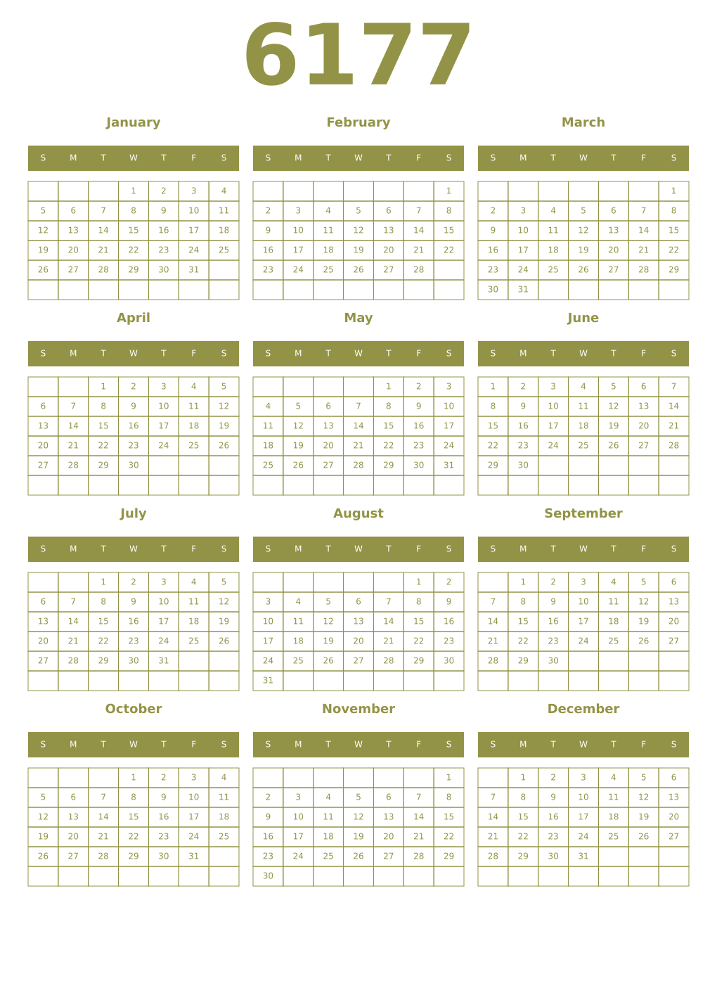 Printable 6177 Year Calendars eburnean