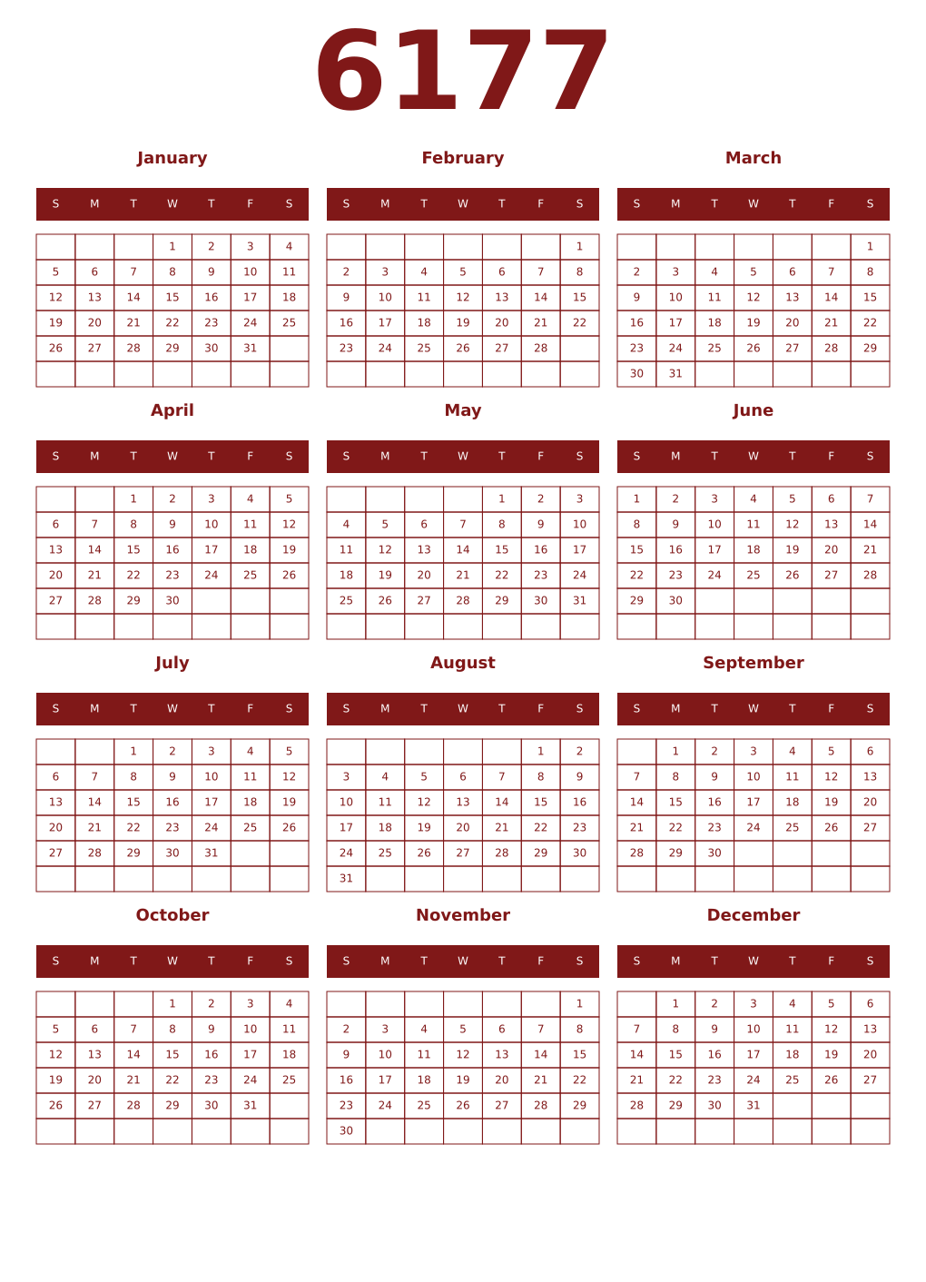 Printable 6177 Year Calendars falu