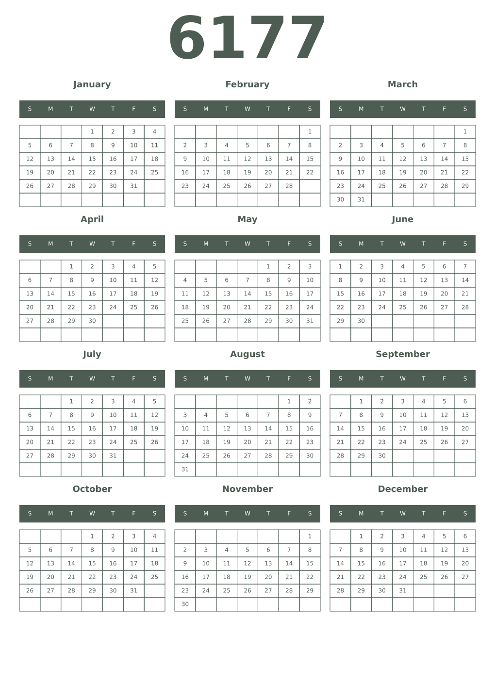 Printable 6177 Year Calendars feldgrau