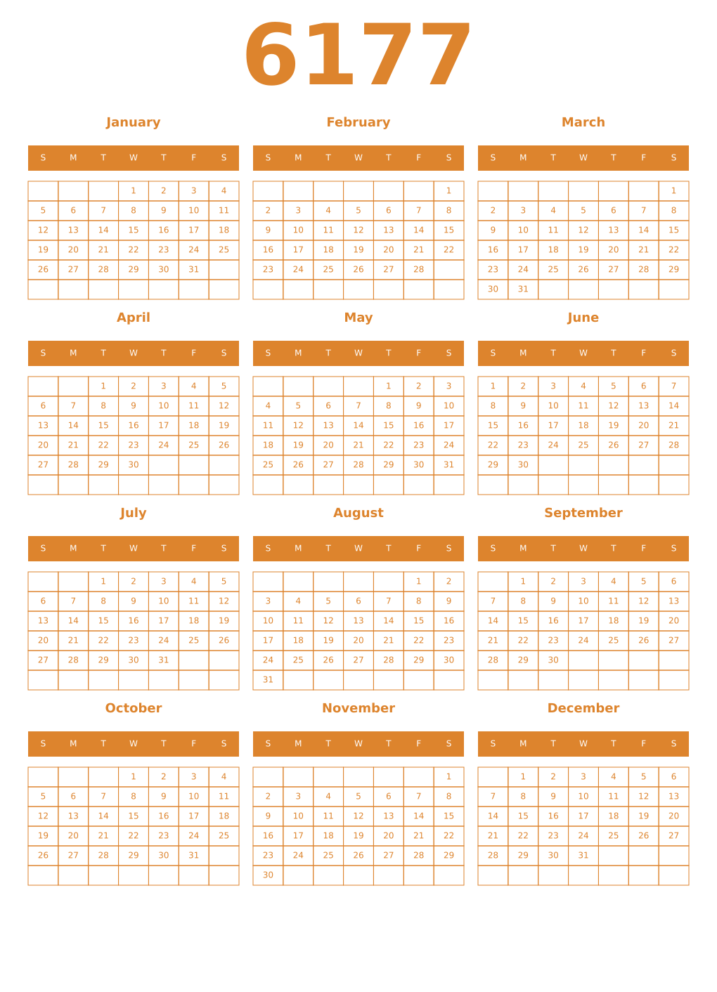 Printable 6177 Year Calendars orange