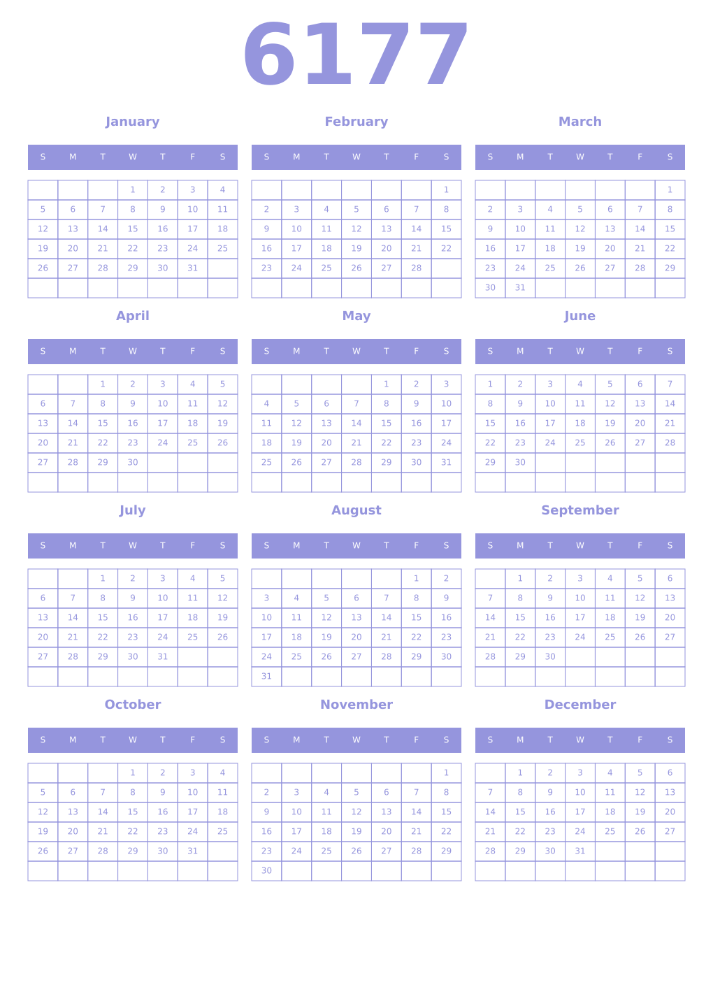 Printable 6177 Year Calendars periwinkle