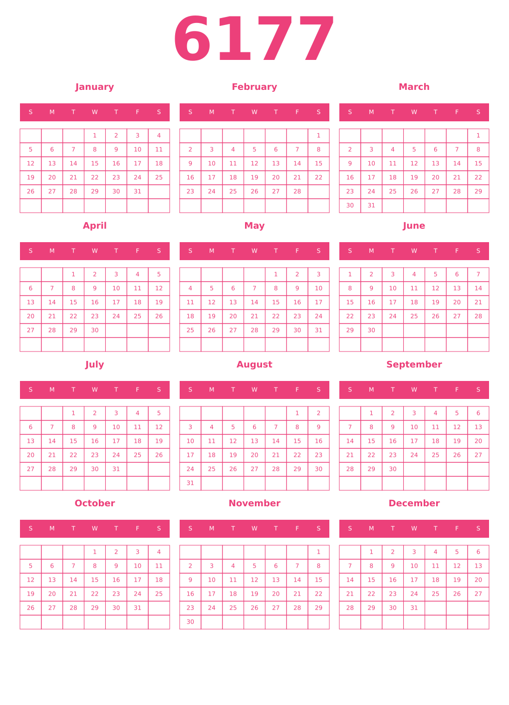 Printable 6177 Year Calendars pink