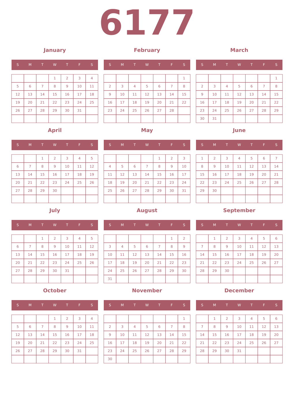 Printable 6177 Year Calendars puce