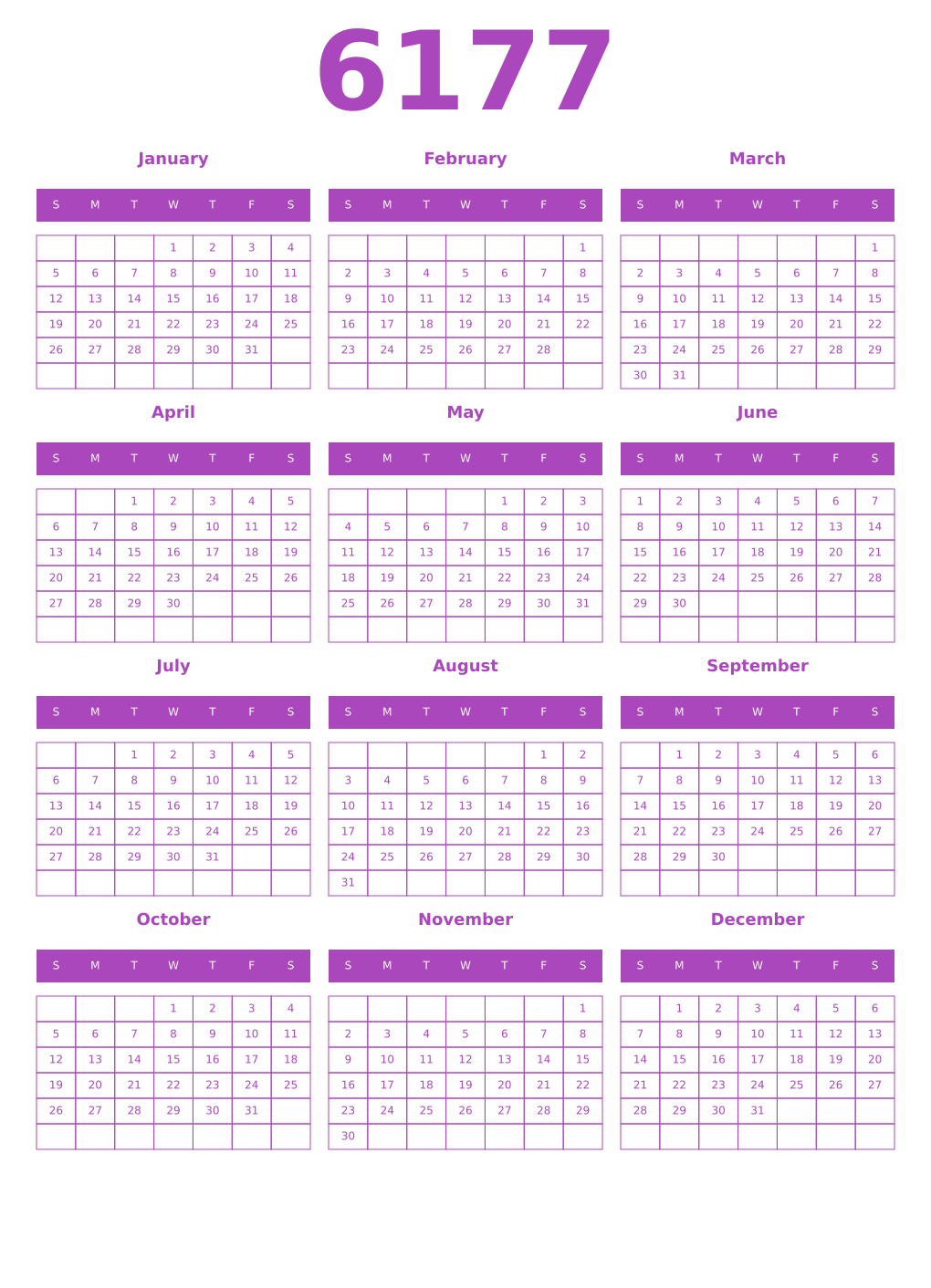 Printable 6177 Year Calendars purple