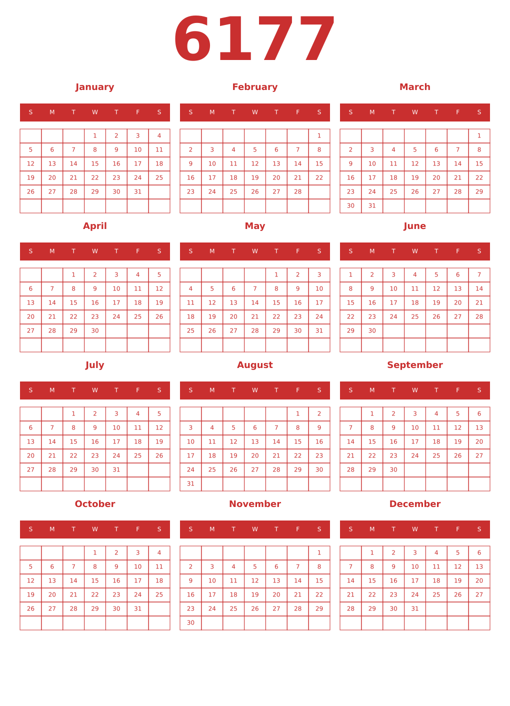 Printable 6177 Year Calendars red