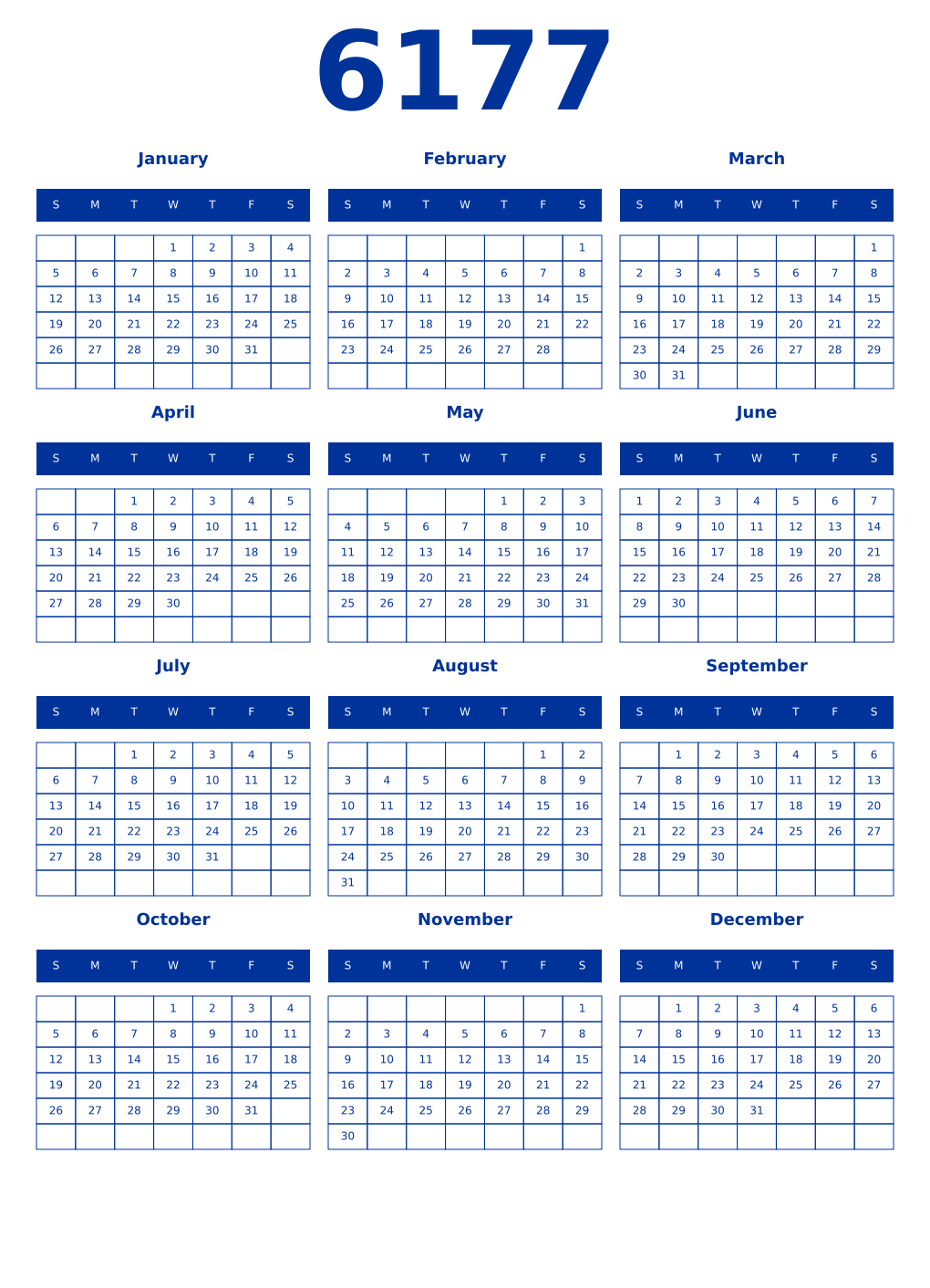 Printable 6177 Year Calendars smalt