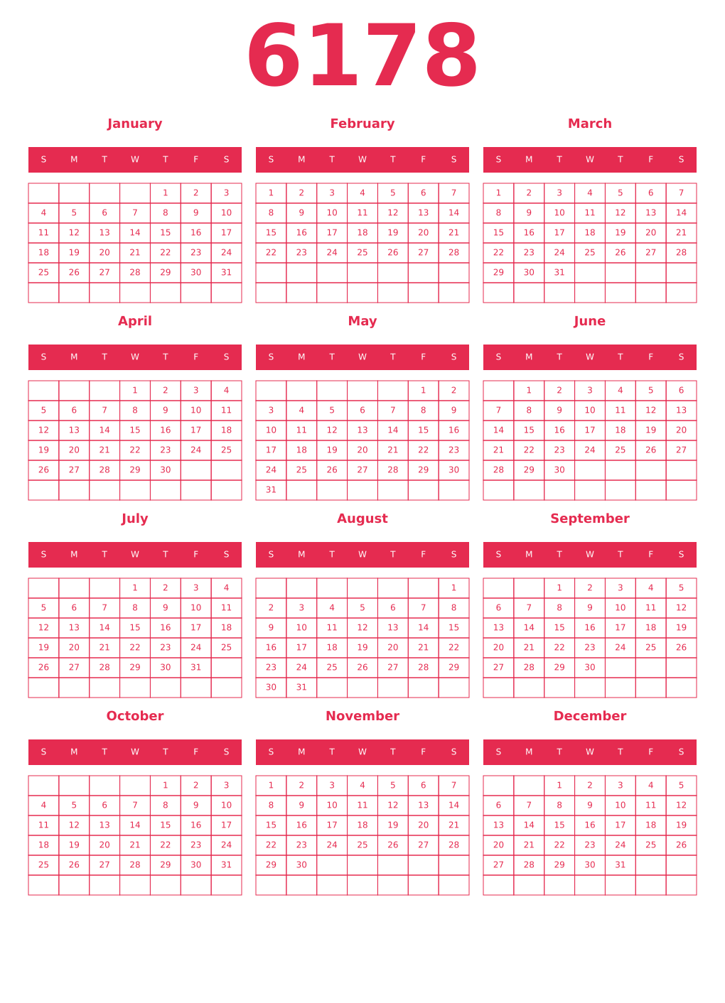 Printable 6178 Year Calendars amaranth
