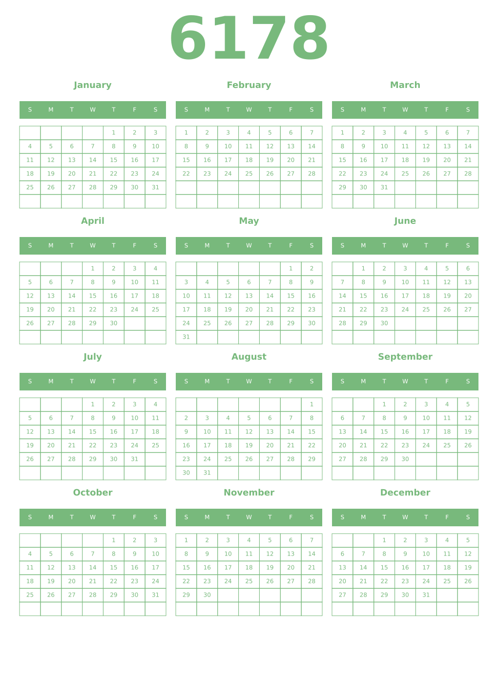 Printable 6178 Year Calendars celadon