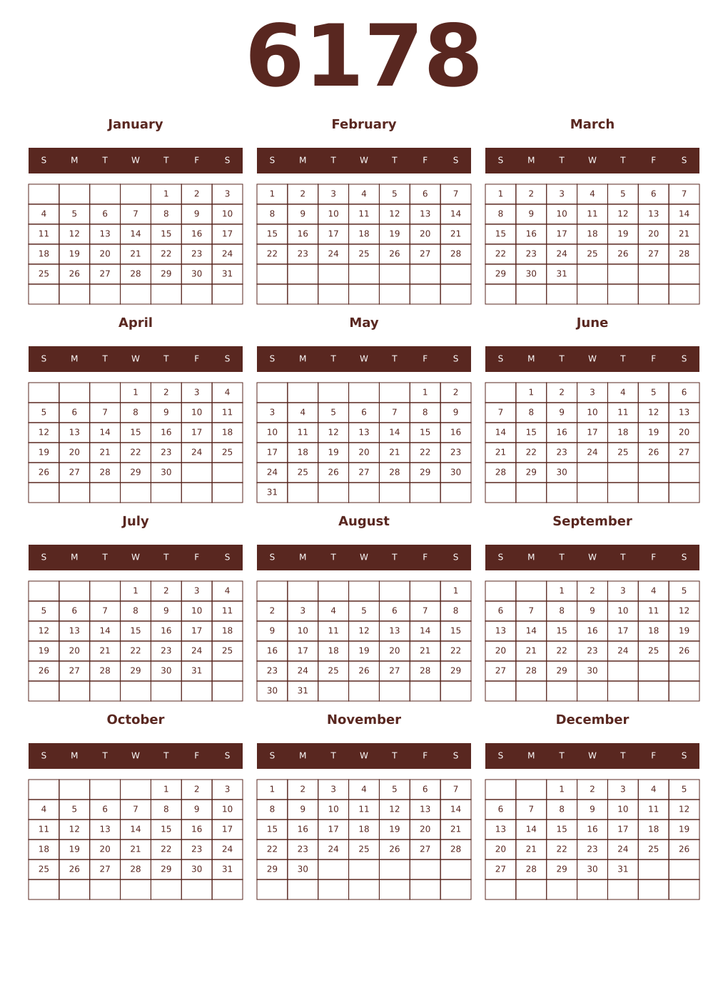 Printable 6178 Year Calendars mortuum
