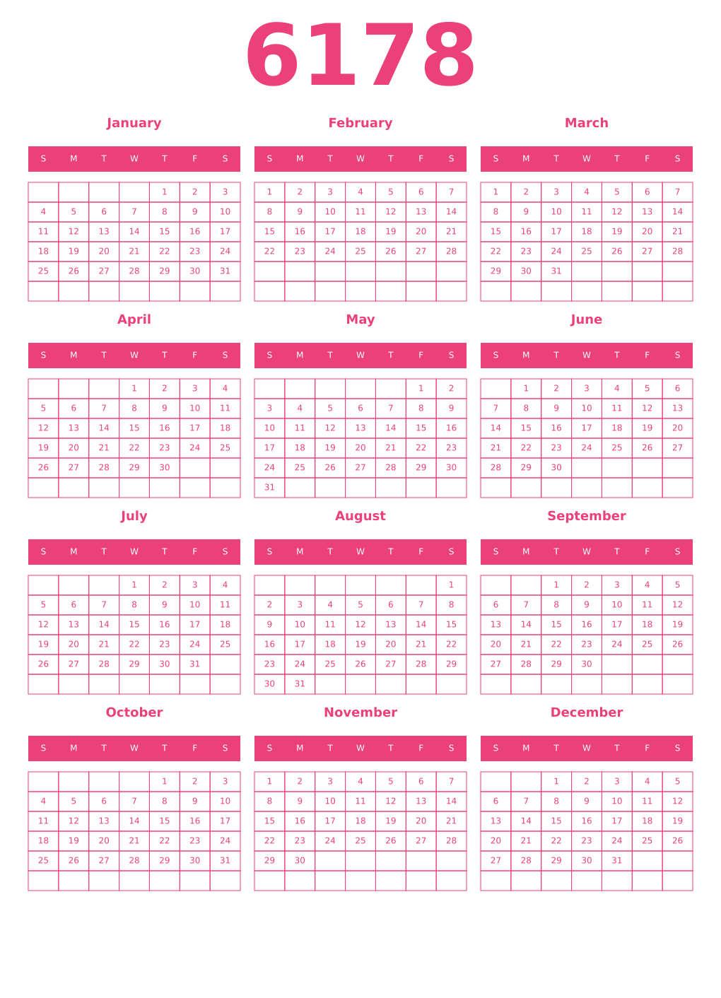 Printable 6178 Year Calendars pink