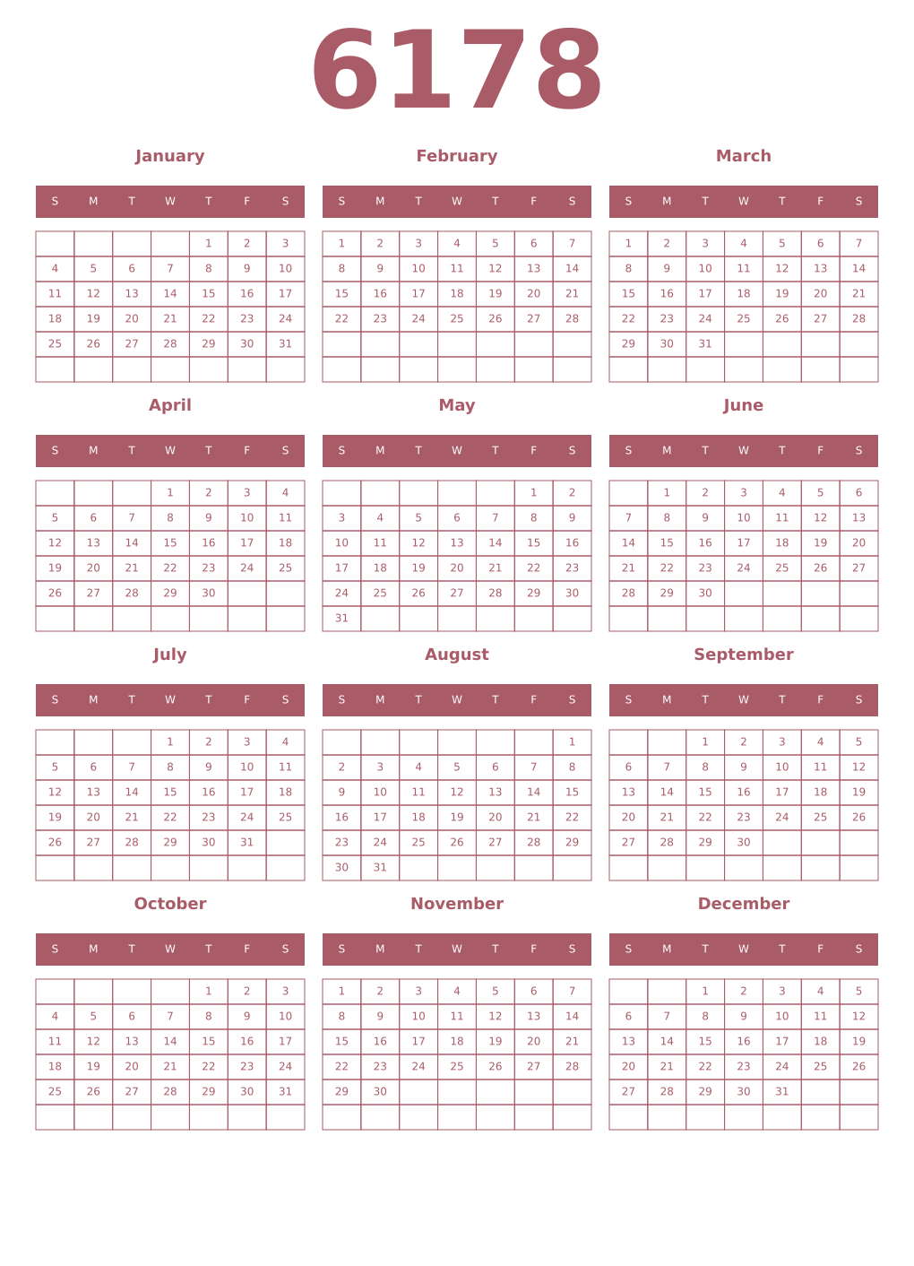 Printable 6178 Year Calendars puce