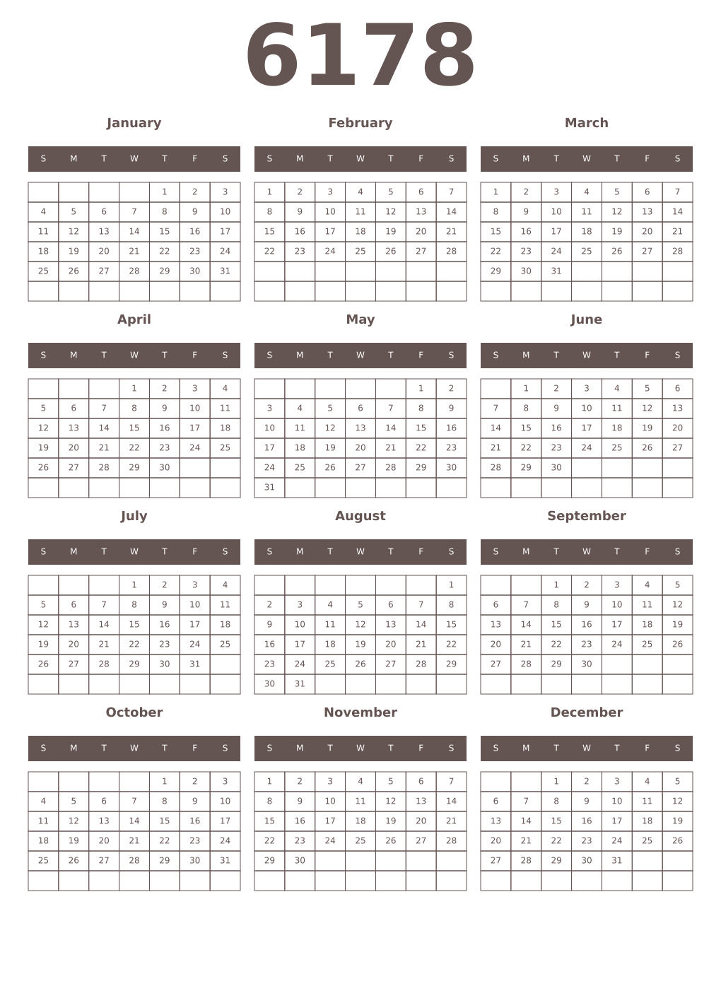 Printable 6178 Year Calendars wenge