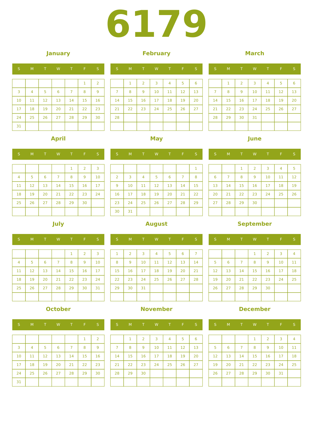 Printable 6179 Year Calendars chartreuse