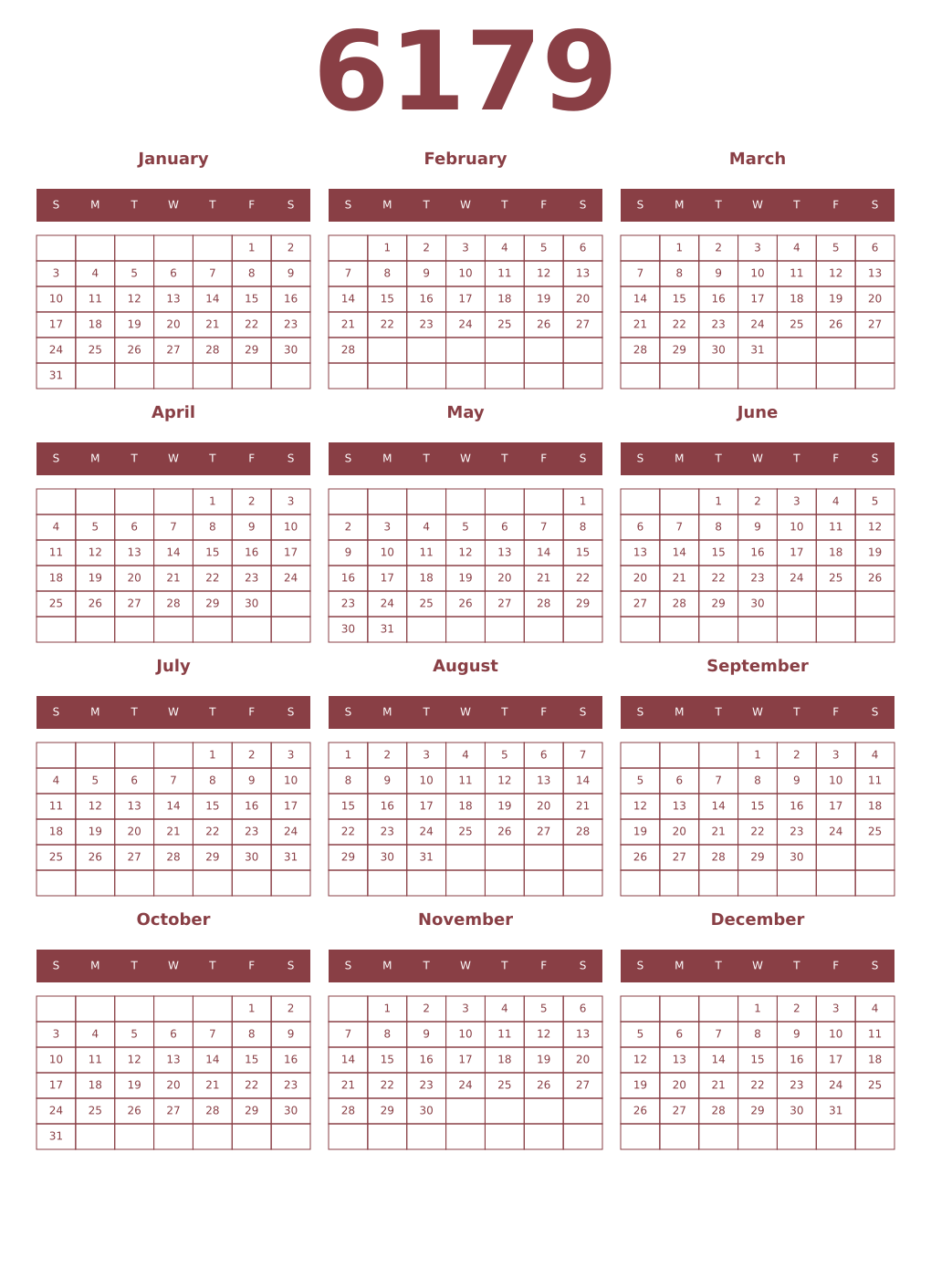 Printable 6179 Year Calendars cordovan