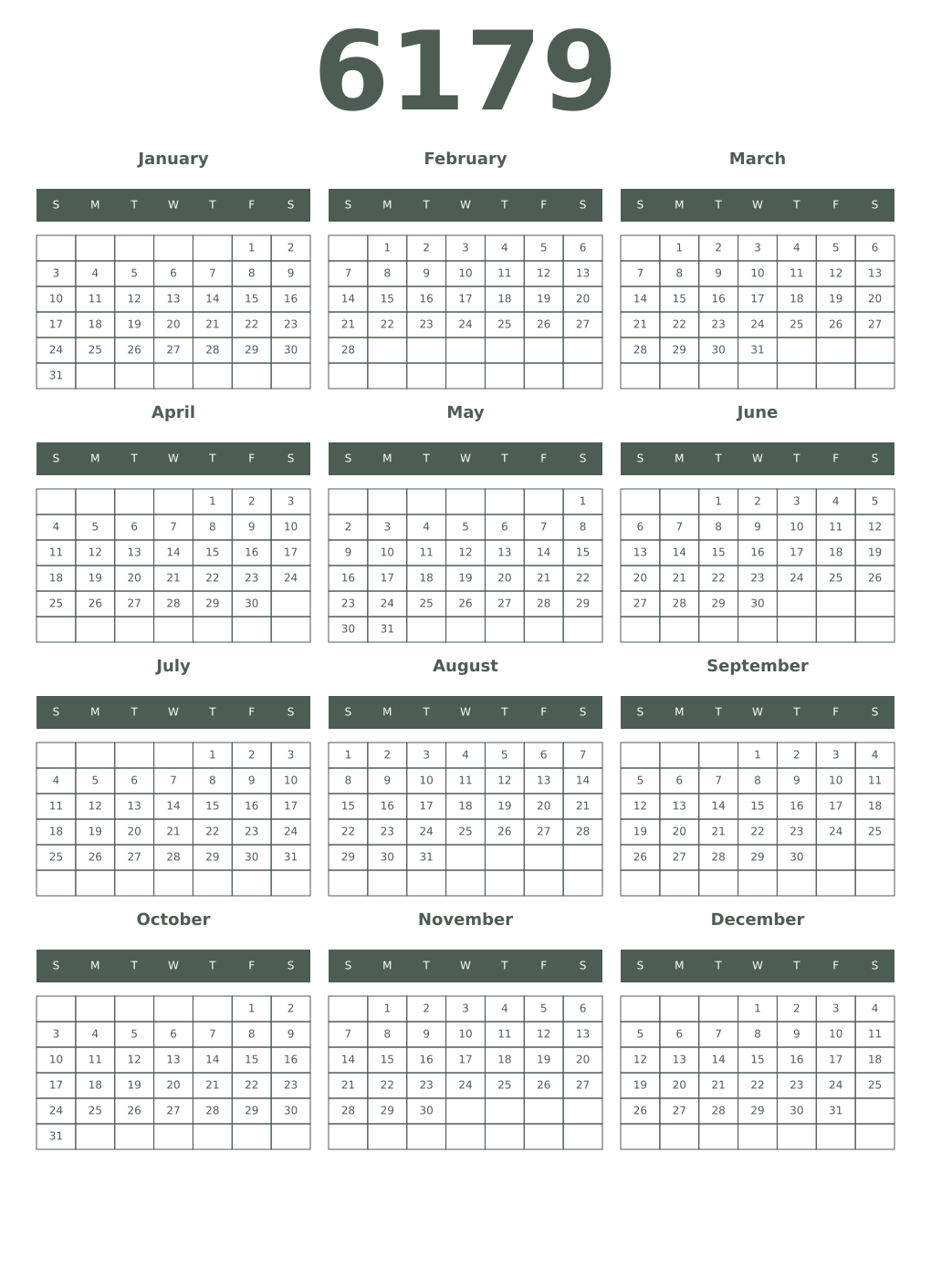 Printable 6179 Year Calendars feldgrau