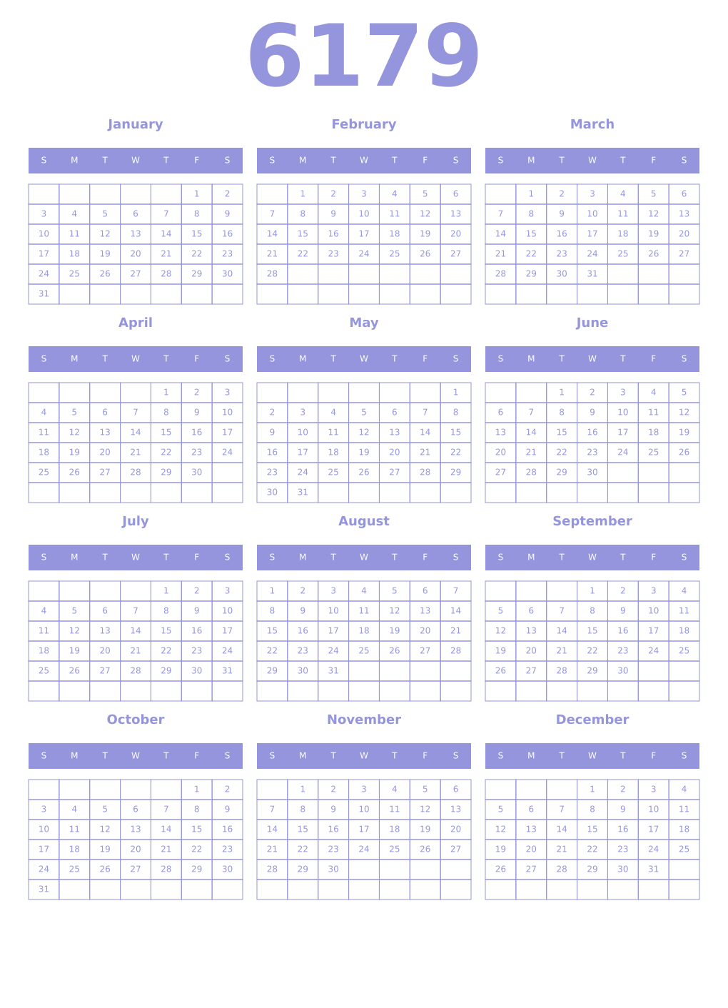 Printable 6179 Year Calendars periwinkle