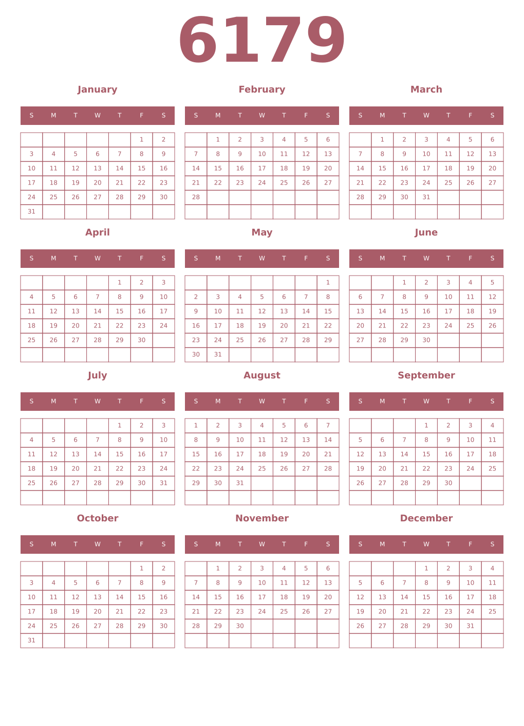 Printable 6179 Year Calendars puce