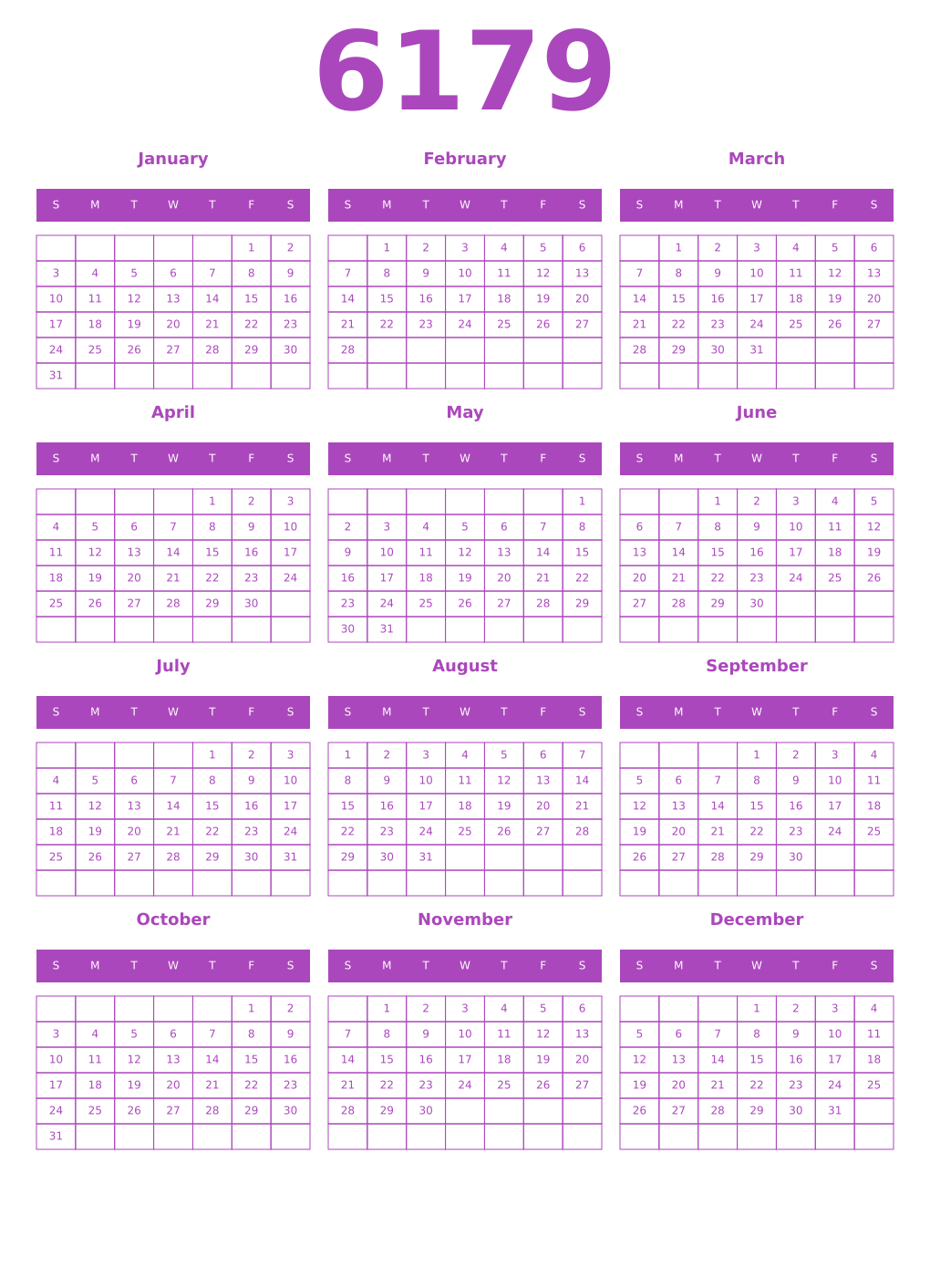 Printable 6179 Year Calendars purple