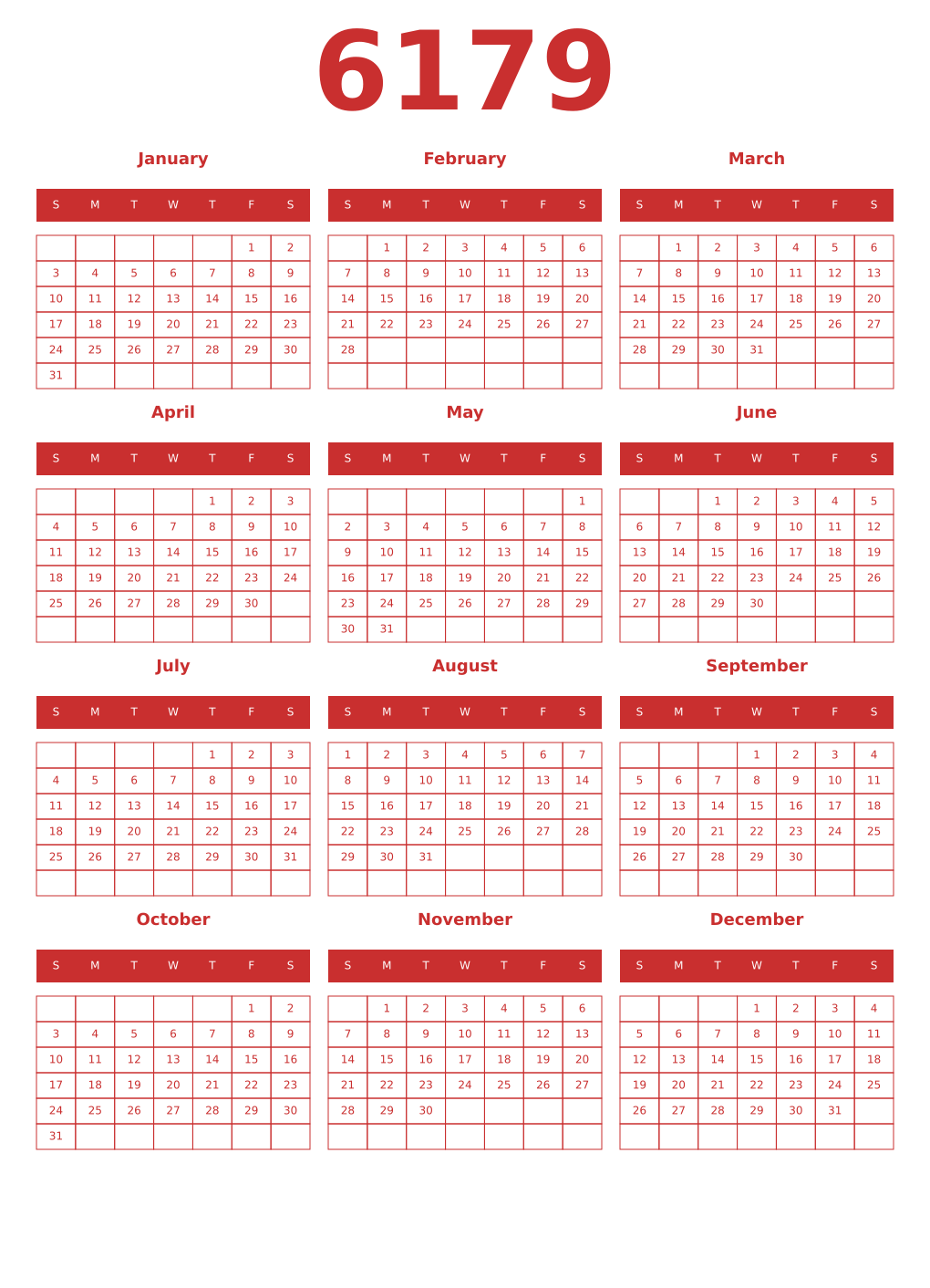 Printable 6179 Year Calendars red