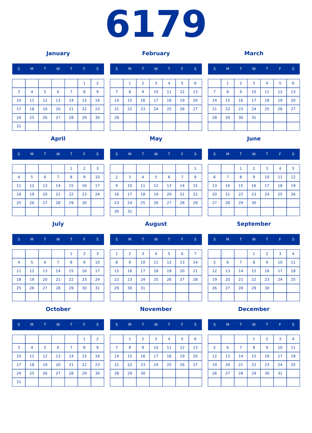 Printable 6179 Year Calendars smalt