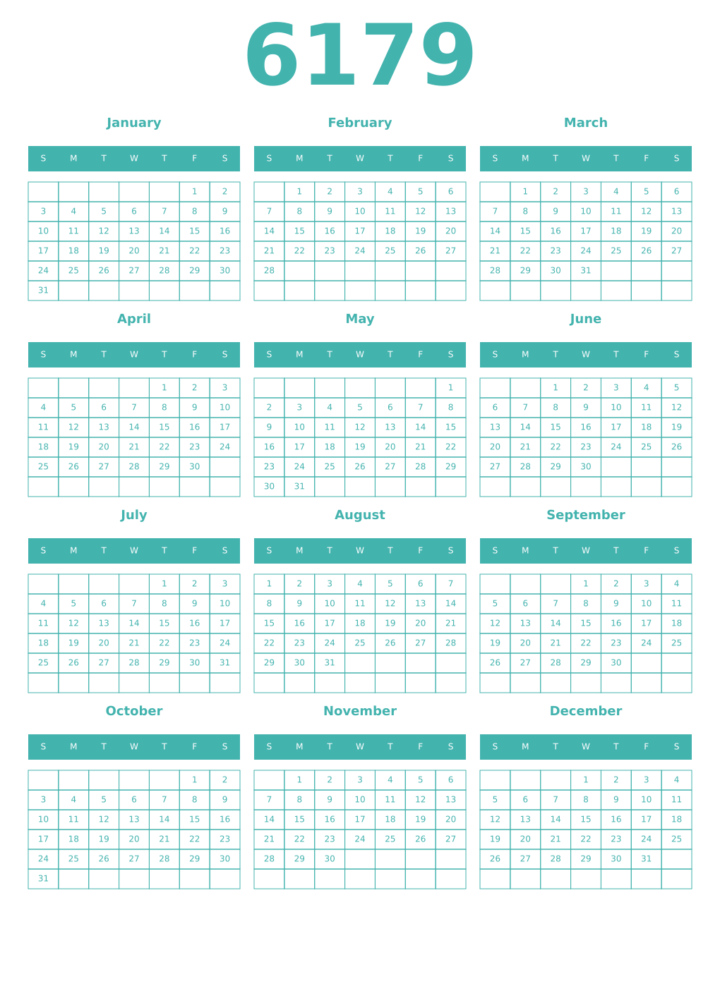 Printable 6179 Year Calendars verdigris