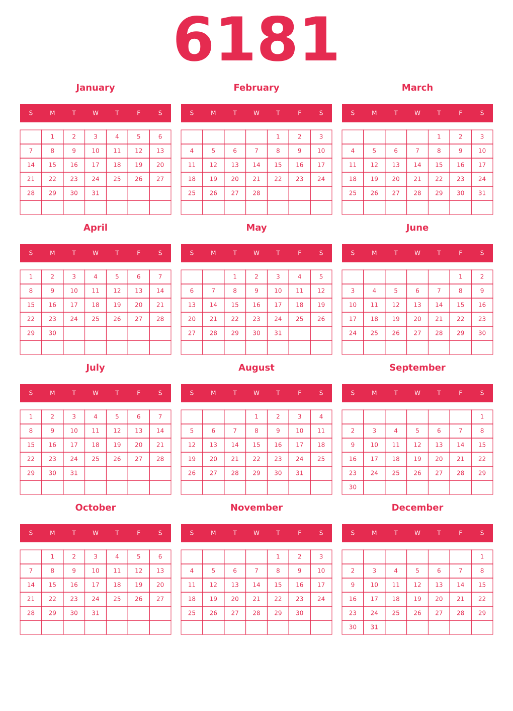 Printable 6181 Year Calendars amaranth