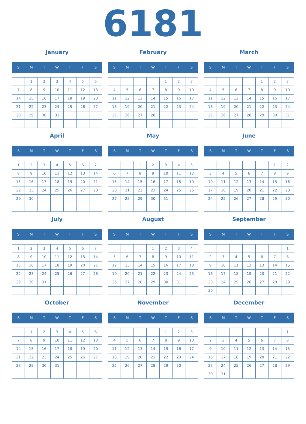 Printable 6181 Year Calendars blue