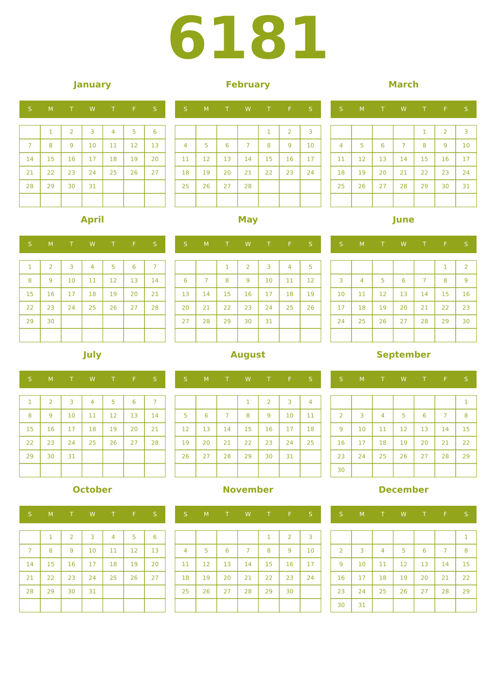 Printable 6181 Year Calendars chartreuse