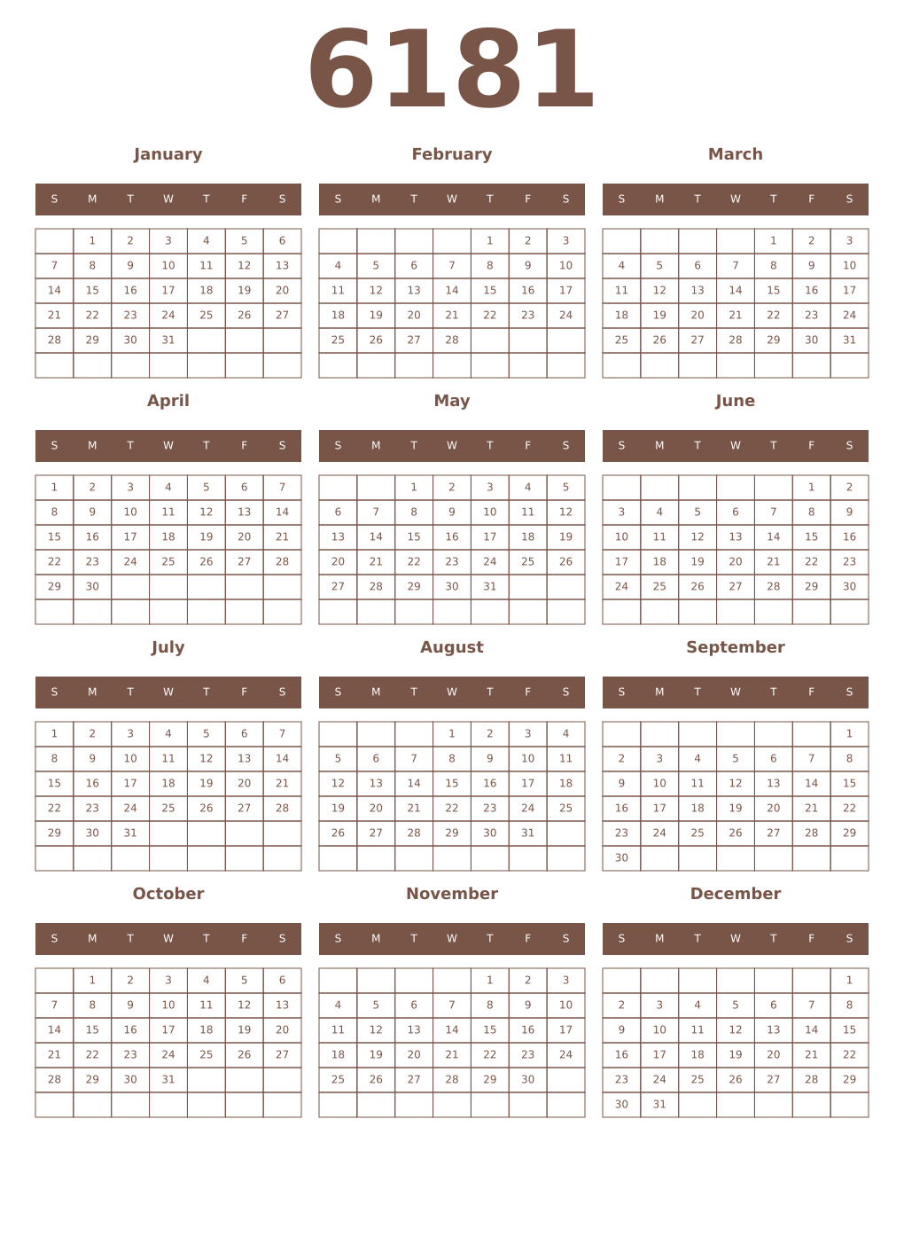 Printable 6181 Year Calendars coffe
